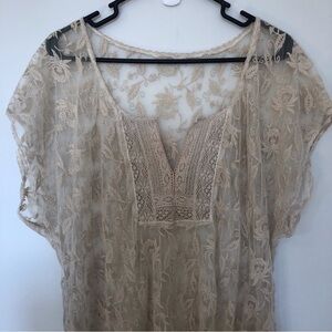 Sheer embroidered relaxed fit dress lace detail at neckline. Layering